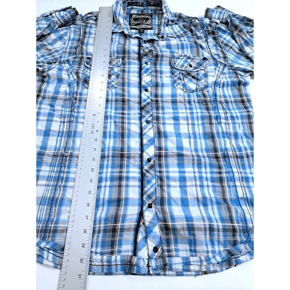 Buckle Black Label Shirt Mens XL Athletic Fit Plaid Raw Hem Studded Snap Button - Picture 8 of 9